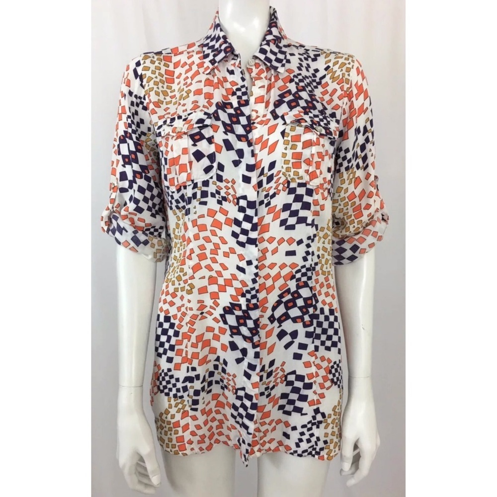 CAbi Grand Prix Roll Tab Sleeve Blouse Medium